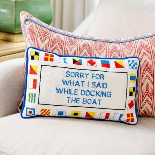 FURBISH Needlepoint Decorative Throw Pillow - Small Embroidered Accent Pillow for Bed, Chair, Couch, Sofa, Eclectic Home Decor, 9" x 15" - Docking The Boat