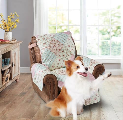 Brilliant Sunshine Pink and Green Roses Couch Recliner Cover, Patchwork Design, Sofa Cover for Dogs, Slip Resistant Furniture Protector with Strap, Washable Slipcover for Kids and Pets (28" seat)