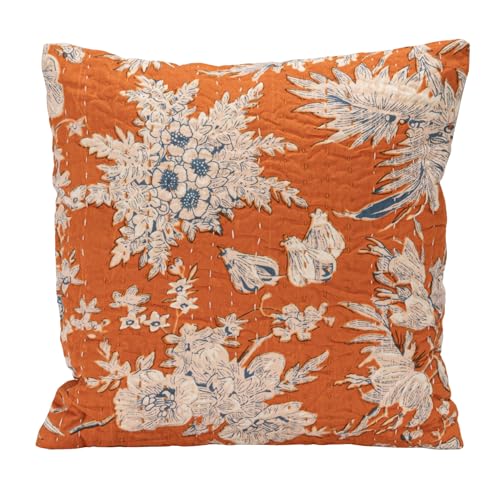 Creative Co-Op Square Cotton Voile Printed Pillow with Florals, Hand-Embroidered Kantha Stitch and Chambray Back, Gold with Blue and White