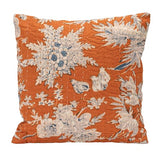 Creative Co-Op Square Cotton Voile Printed Pillow with Florals, Hand-Embroidered Kantha Stitch and Chambray Back, Gold with Blue and White