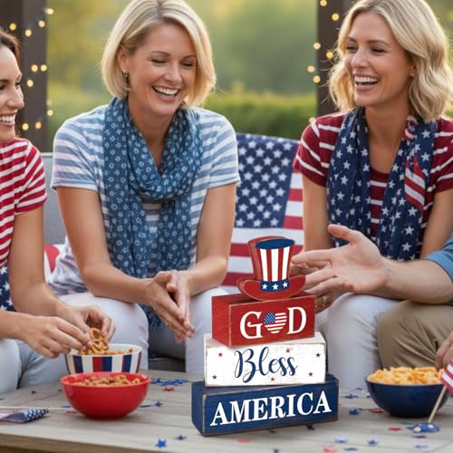 Moucuny 4 Pcs 4th of July Decorations Patriotic Memorial Day Table Decorations God Bless America Red White Blue Table Centerpieces Sign for Office Home Shelf 250th Anniversary