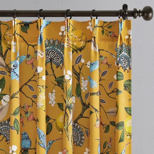 Mustard Yellow Vintage Floral Curtains 84 Inches Long for Living Room Bedroom Luxury Whimsical Lemon Hummingbird Patterned Waverly Mid Century Colorful Pinch Pleated Blackout Drapes 2 Panels