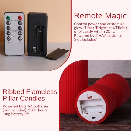 Red Christmas Ribbed Flameless Pillar Candles with Remote Set of 2