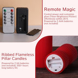 Red Christmas Ribbed Flameless Pillar Candles with Remote Set of 2