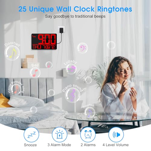 13" Bluetooth Auto Sync Wall Clock - Large Digital Alarm Clock with Remote, 25 Ringtones, Dual Alarm, Adjustable Brightness, 12/24H, Auto DST, for Living Room, Kitchen, Office, Elderly（Red）
