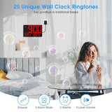 13" Bluetooth Auto Sync Wall Clock - Large Digital Alarm Clock with Remote, 25 Ringtones, Dual Alarm, Adjustable Brightness, 12/24H, Auto DST, for Living Room, Kitchen, Office, Elderly（Red）