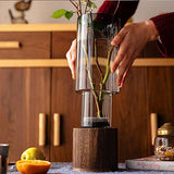 Artistic Wood Glass Vase, 10" H, Wooden Base Cylindrical Flower Vase, Classic Boho Rustic Style for Fireplace Bedroom Kitchen Living Room Centerpieces Office Desk