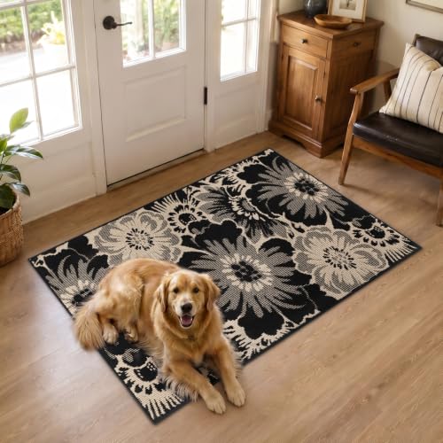 Findosom Washable Area Rug 3x5, Non Slip High-Low Textured Floral Rugs for Bedroom with Rubber Backing, Boho Carpet for Living Room, Kitchen, Entryway, Laundry, Black & Beige