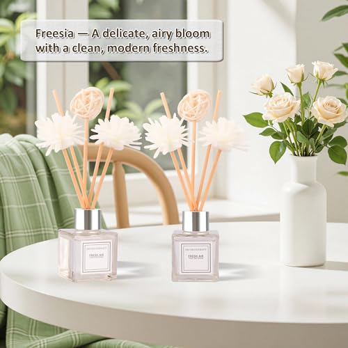 Reed Diffuser Set of 2, Freesia Scent Oil Diffuser with Sticks for Home Fragrance, Office Living Bedroom Decoration, Bathroom Decor and Accessories, Air Fresheners Gift Set, 1.7 fl oz/50ml x 2