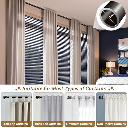 Bay Window Curtain Rods, U shaped Adjustable Curved Curtain Rods for Windows 59 to 184 Inches, Black 1 inch Renter Friendly Heavy Duty Curtain Rods with Brackets for Bedroom, Living Room Curtains
