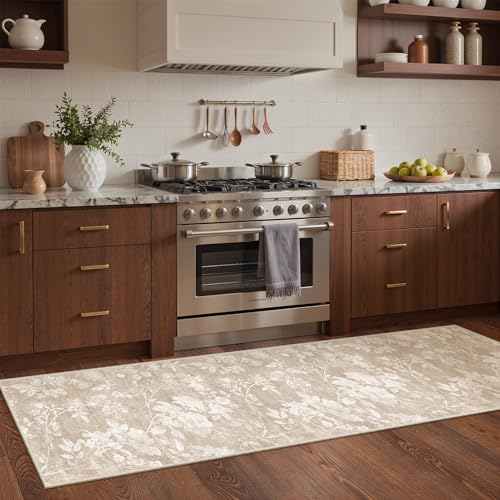 Soalmost Floral Runner Rug 2.5x8 for Hallway, Washable Soft Neutral Rug Tan