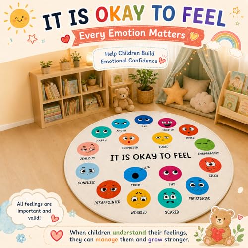 Breling 4ft Round Calming Corner Classroom Rug Feelings Chart Emotion Mat for Kids Large Soft Washable Non Slip Sensory Carpet for Reading Nook Preschool Homeschool Playroom Sel Learning Area