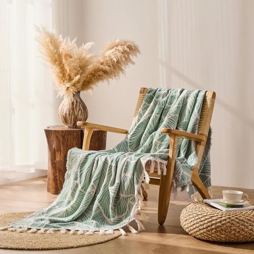 DOWN HOME Chenille Cotton Throw Blanket for Couch, Lightweight Boho Blanket for Bed Sofa Chair Living Room Outdoor Soft Woven Decorative Blanket with Tassel Gift Green Leaves 55"x60"