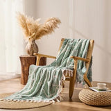 DOWN HOME Chenille Cotton Throw Blanket for Couch, Lightweight Boho Blanket for Bed Sofa Chair Living Room Outdoor Soft Woven Decorative Blanket with Tassel Gift Green Leaves 55"x60"