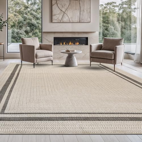 Beverly Rug Easy Jute Bordered Rug 10x14 Washable Large Indoor Outdoor Area Rugs for Living Dining Room Patio Office Stain Resistant Non Shedding Casual Indoor Outside Carpet 10 x 14 Off-White