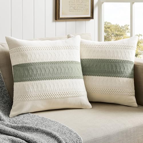 ZeeMart 2 Packs Cotton Boho Throw Pillow Covers 18x18 Inch Contrast Green, Soft Farmhouse Decorative Couch Pillow Cases Sage Green Cushion Covers for Sofa Bed Living Room Home Decor