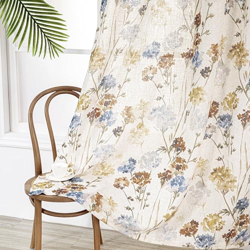 MYSKY HOME Floral Linen Curtains 84 inch Length 2 Panels Set Summer Flower Patterned Semi Sheer Light Filtering Privacy Farmhouse Grommet Drapes for Living/Dining Room, Yellow, W52 x L84, Pack-2