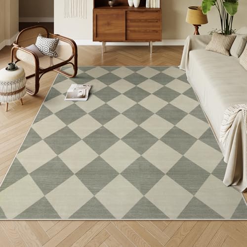 Checkered Print 5x7 Rugs for Living Room, Non Slip Soft Green Rugs for Bedroom Ultra Thin Washable Rugs 5x7, Moroccan Farmhouse Carpet for Playroom Kids Room, Classic Classroom Dorm Home Decor
