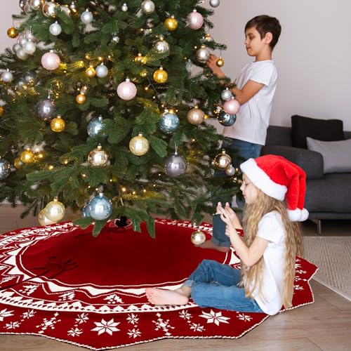 Christmas Tree Skirt 60 Inch, Double-Sided Knit Red Tree Skirt with Snowflakes Patterns Large Knitted Xmas Tree Skirt Rustic for Christmas Trees Party Holiday Christmas Decorations