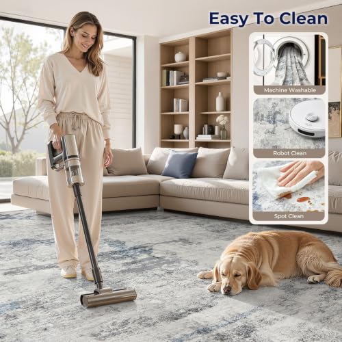 DMOYEST 8x10 Area Rug for Living Room, Washable & Non Slip Large Indoor Carpet, Kid & Pet Friendly Soft Thin Low Pile Abstract Rug for Bedroom and Office - Grey Blue