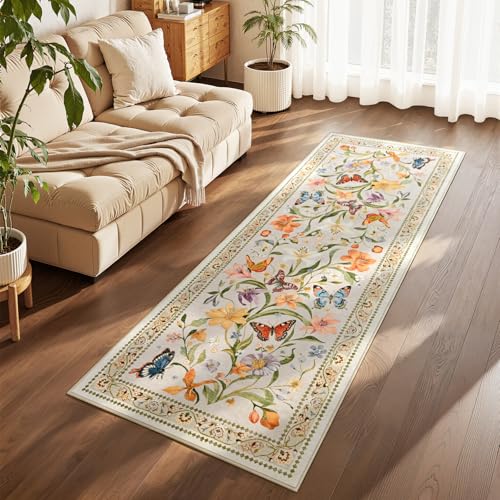 2x6 Kitchen Runner Rugs Non Slip Washable, Beige Floral Runner Rug for Hallway Bedroom Bathroom, Pet & Kids Friendly, Soft Low Pile Stain Resistant Foldable Floor Carpet