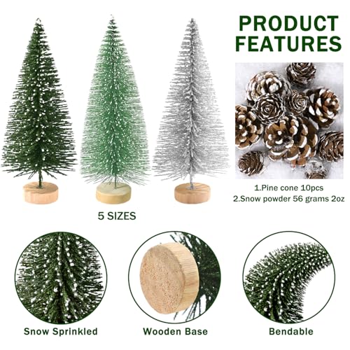 Set of 35PCS Mini Christmas Tree, Christmas Pine Cones, 2oz Fake Snow Powder, Mixed Christmas Decoration, Xmas Village Displays Winter DIY Crafts (Classic Green)