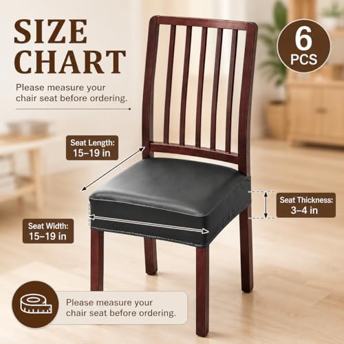 6 Pack Leather Chair Cover, Black PU Dining Chair Seat Covers, Stretch Fit Seat Covers for Dining Chairs, 15-19 Inch Chair Seat Slipcovers for Kitchen, Dining Room, Pets, Everyday Use