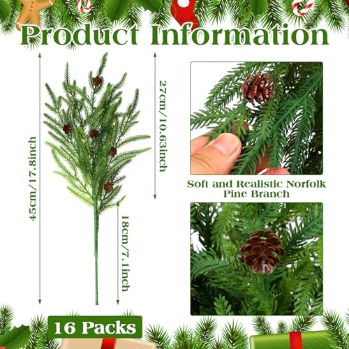 Yinder Xmas Norfolk Pine Branches with Pine Cones Norfolk Pine Artificial Xmas Branches for Xmas Indoor Outdoor Home Decor(16 Pcs)