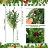 Yinder Xmas Norfolk Pine Branches with Pine Cones Norfolk Pine Artificial Xmas Branches for Xmas Indoor Outdoor Home Decor(16 Pcs)