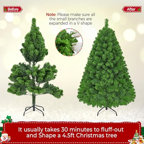Yaheetech 4.5ft Pre-lit Artificial Christmas Tree with Incandescent Warm White Lights, Flocked Full Prelighted Xmas Tree with 340 Branch Tips, 150 Incandescent Lights & Foldable Stand, Pure Green