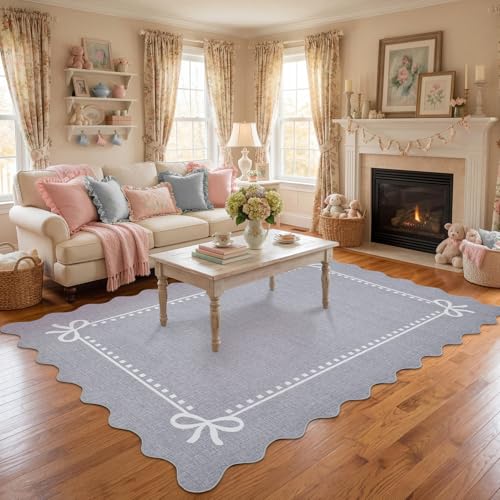 Garvee Scalloped Bow Rug Grey Washable Solid 3x5 Area Rugs for Living Room