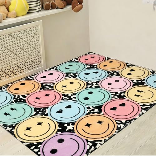 3.3x6.6 ft Pastel Smile Face Classroom Rug Composition Notebook Play Carpet Educational Area Rug Pastel Face Play Mat Non-Slip Back to School Floor Mat for Teaching Playroom Nursery Daycare Home Decor