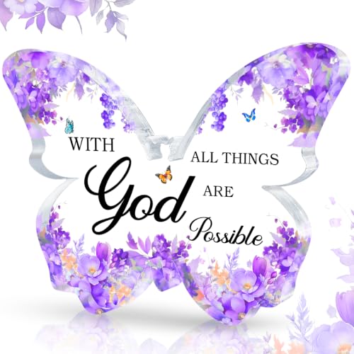 Purple Office Supplies Butterfly Acrylic Desk Decor for Women, Inspirational Christian Gifts with Bible Verse,