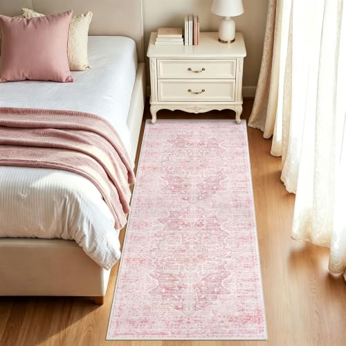 Vintage Washable Runner Rug, 2x6 Pink Runners For Hallways