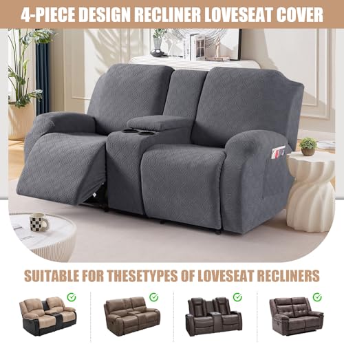 VANSOFY Recliner Loveseat Cover with Middle Console Stretch Reclining Sofa Slipcover for 2 Seat Jacquard Reclining Couch Sofa Covers Furniture Protector with Elastic Straps Bottom (Dark Gray)