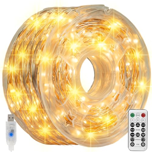 Dazzle Bright Fairy Lights, 66 FT 200 LED USB Power Photo String Lights with Remote, 8 Modes Waterproof Dorm Lights for Home Indoor Party Tree Yard Christmas Decorations (Warm White)