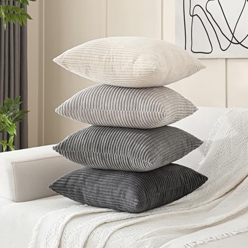Volcanics Set of 4 Neutral Grey Corduroy Decorative Couch Throw Pillow Covers 18x18 Inch, Western Modern Farmhouse Striped Cushion Cases, Soft Boho Square Accent Pillow Covers for Home Sofa