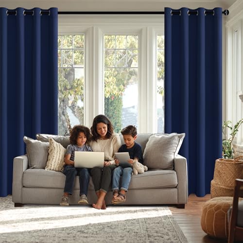 JIUZHEN Blackout Curtains with Tiebacks - Thermal Insulated, Light Blocking and Noise Reducing Grommet Curtain Drapes for Bedroom and Living Room, Set of 2 Panels, 42 x 63 Inch Length, Navy Blue