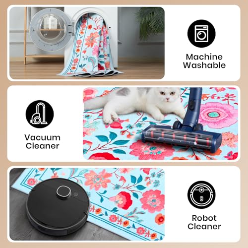 Area Rugs for Living Room 5x8 Non-Slip Carpet Washable Boho Rug Vintage Low Pile Carpet Print Home Rugs for Bedroom Kids Room Playroom Dining Room Home Office Farmhouse,Blue