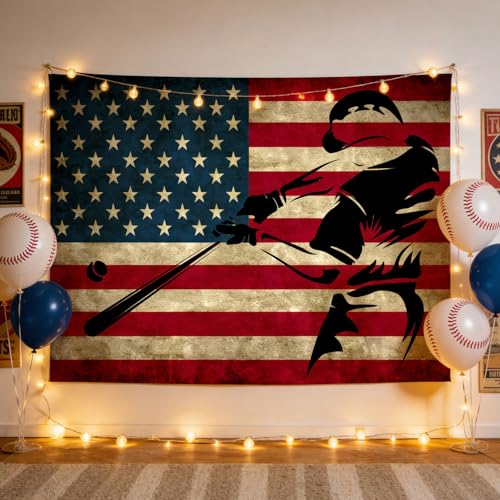 LB Sports Tapestry for Boys Room Baseball Wall Tapestry American Flag Wall Hanging Poster for Living Room Bedroom Dorm and Birthday Party Wall Decor,60x40 Inch