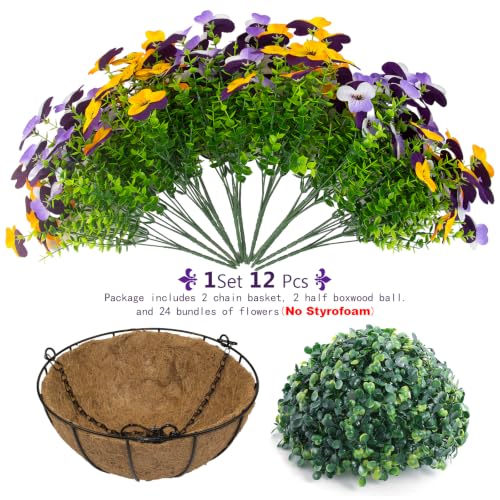 2 Set Artificial Outdoor Pansy Flowers with Hanging Baskets, 2 Hanging Baskets with 24 Pcs Silk Flowers for Spring Easter Decorations Porch Patio Home Decor (2, Purple, Yellow, White, Light Purple)