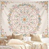 Neasow Bohemian Tapestry Wall Hanging, Beige Pink Floral Tapestry with Wild Flower Medallion Print Bedroom Boho Home Decor, White Wreath 36×48 inch