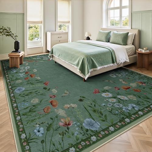 8x10 Area Rugs, Machine Washable Low Pile Floral Rugs for Living Room, Bedroom, Large Area Rug with Non-Slip Backing for Dining Room(Green)