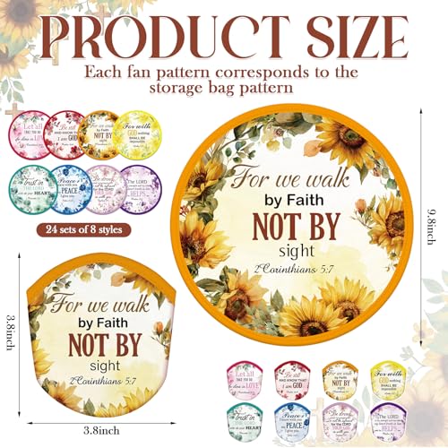 Gejoy 24 Pcs Christian Church Foldable Fan Style Christian Scripture Flower Handheld Round Folding Flying Disc for Women Man Daily Use Festival Wedding Party Favors Decorations Portable, 8 Style