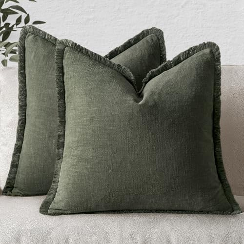 MIULEE Boho Linen Fringe Decorative Throw Pillow Covers Rifle Green 20x20