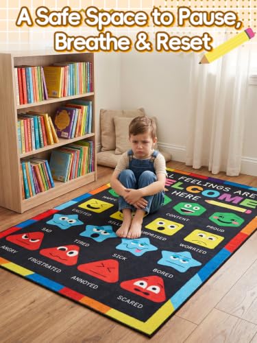 36''x60'' Calm Down Corner Supplies Classroom Rug - Non-Slip Backing with 8 Grippers, Feelings Chart Kids Reading Rug for Preschool Nursery Back to School Classroom Decor, Raibow & Black