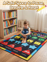 36''x60'' Calm Down Corner Supplies Classroom Rug - Non-Slip Backing with 8 Grippers, Feelings Chart Kids Reading Rug for Preschool Nursery Back to School Classroom Decor, Raibow & Black