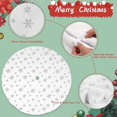 Christmas Tree Skirt, 48 Inch White Luxury Faux Fur & Silver Sequin Snowflakes, 4ft Xmas Tree Skirt for Holiday Tree Ornaments Christmas Party Home Decorations