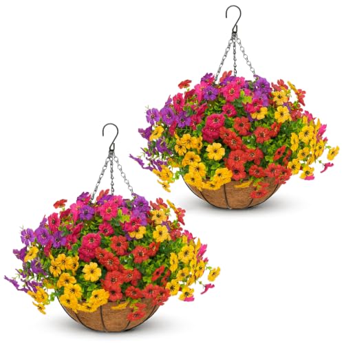 2 Set Artificial Outdoor Flowers with Hanging Basket for Garden Porch Patio Balcony Yard Home Decoration