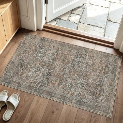 JOLLYVOGUE Entryway Rug, 2x3 Washable Vintage Floral Rug, Vintage Brown